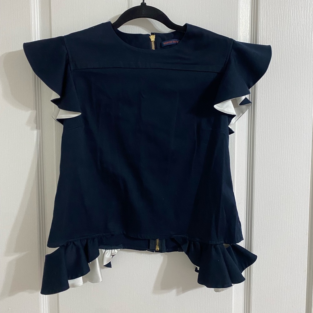 Harvey Faircloth Navy Ruffle Sleeve Top,  Sz S